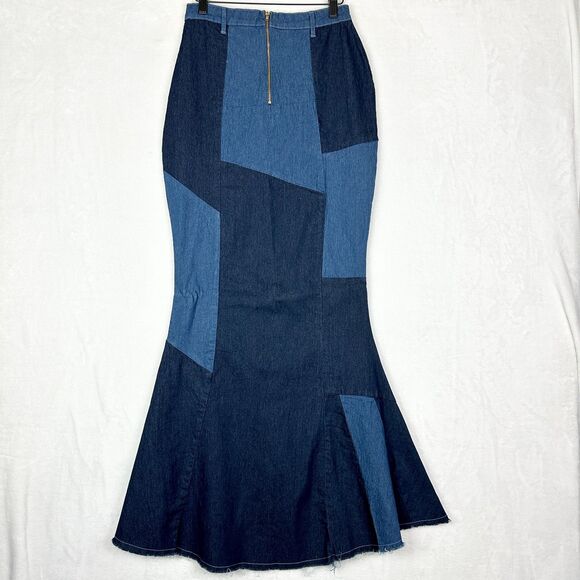 Touch Me Denim Patchwork Strapless Maxi Dress Size Small Stretch Y2K Western - Picture 3 of 7